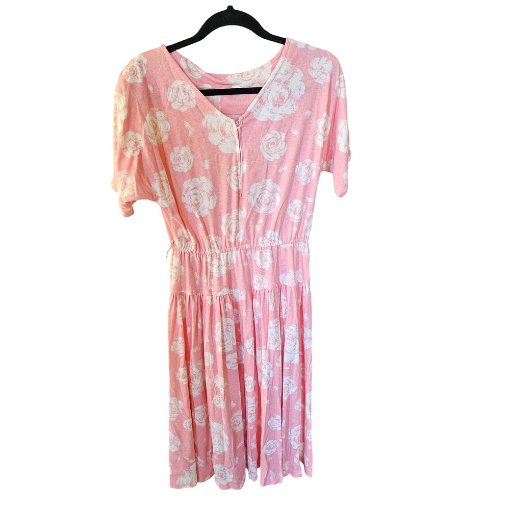 Missy H Pink White Rose Floral Print‎ Midi Dress Elastic Waist Short Sleeve